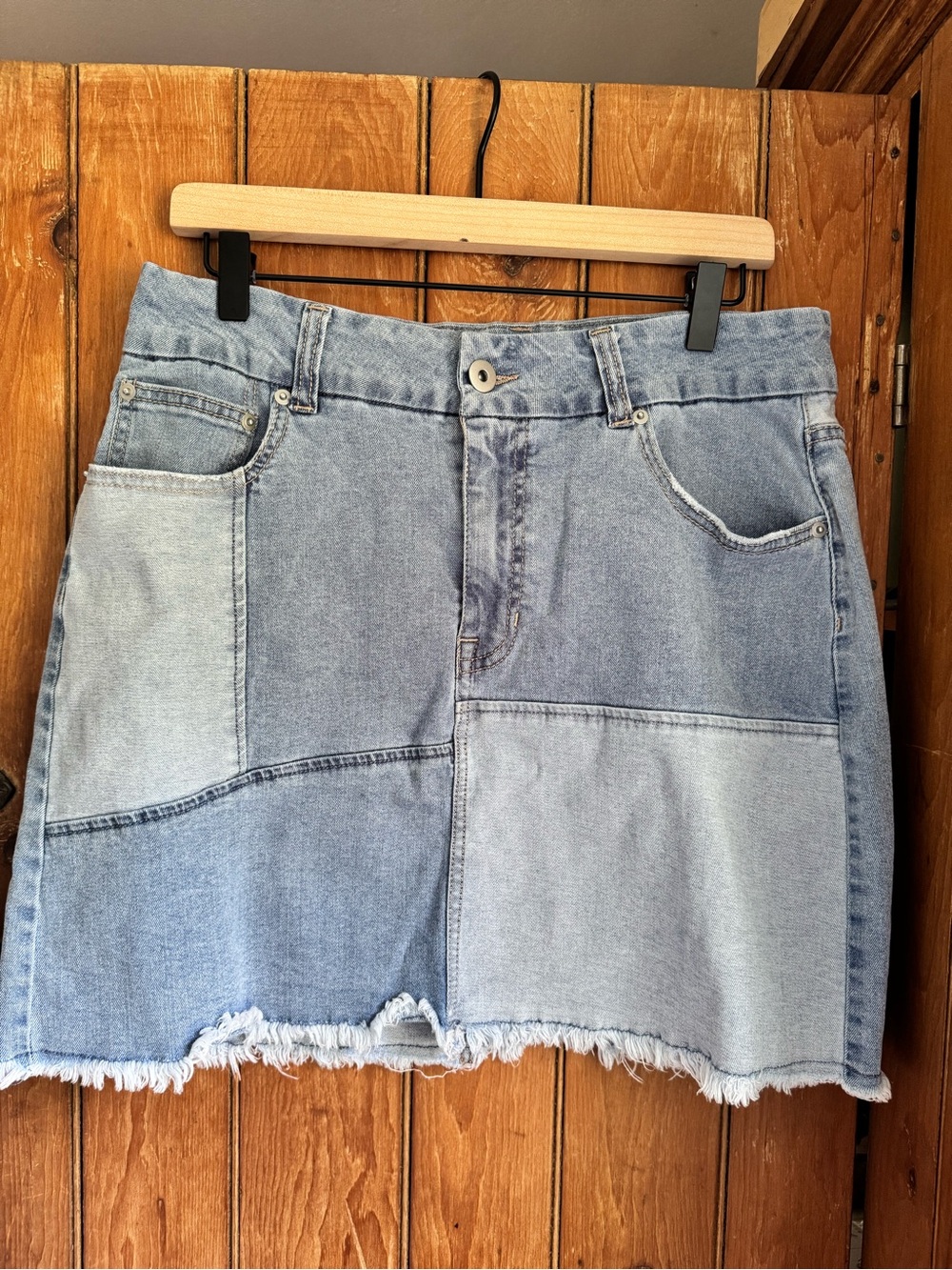 Women’s No Boundaries Patchwork ColorBlock HighRise Denim Mini Skirt, Size 12